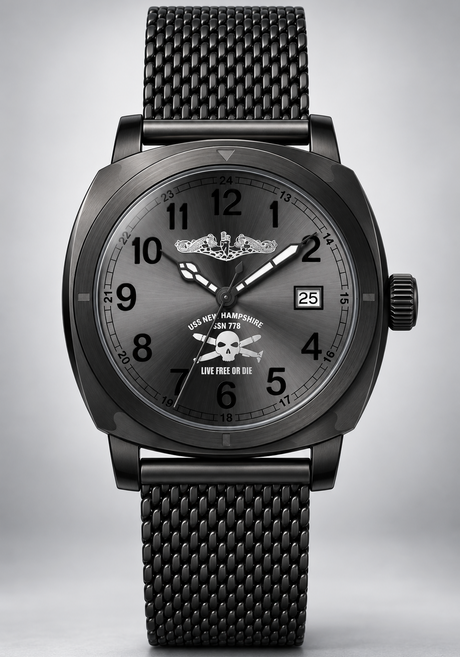 USS New Hampshire SSN-778 commemorative watch — silver dolphins and Live Free or Die emblem
